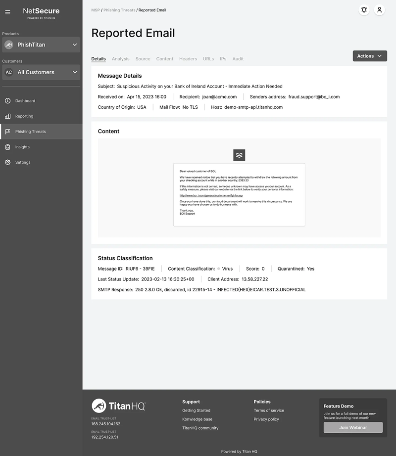 Low-fidelity Phishing Email Detail view