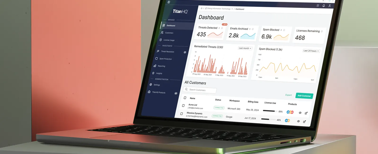 PhishTitan Threat Detection Platform - laptop with dashboard interface